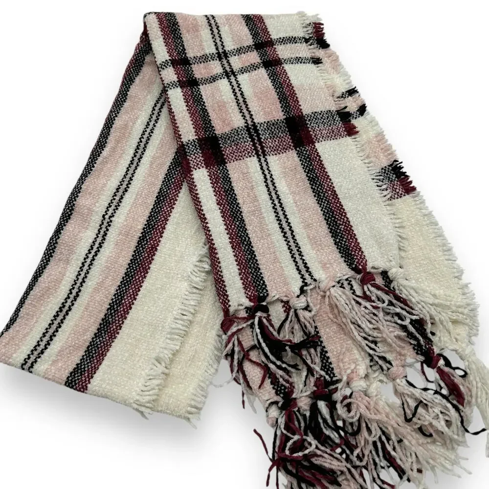 NEW Style & Co Chenille Plaid Fringe Trim Scarf Macys Pink White Tartan coquette - Picture 5 of 8
